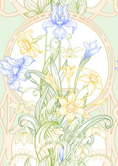 Spring flowers seamless pattern, background. Colored vector illustration. In art nouveau style, vintage, old, retro style. On tea green and pink background.