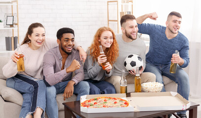 Football fans cheering sport league and drinking beer