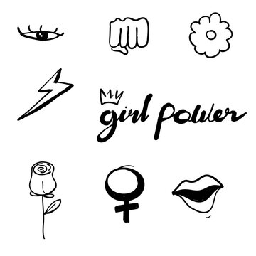 Set of feminism elements and text Female hand drawn brush graphic Girl power concept with doodle hand drawn style vector