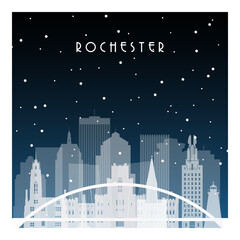 Winter night in Rochester. Night city in flat style for banner, poster, illustration, background.