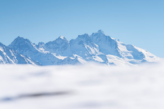 Gran Paradiso massif seen from Court de Bard, Valdigne, Aosta Valley, Italian alps, Italy