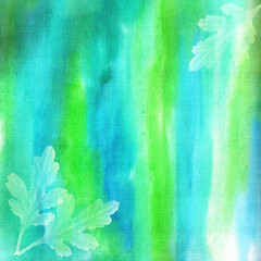 Transparent oak leaves on blue-green watercolor background with stripes.