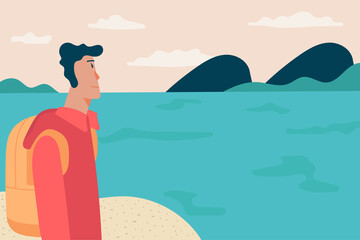 man on the beach looking at seascape view with sea, sky and mountain. cartoon character flat vector.