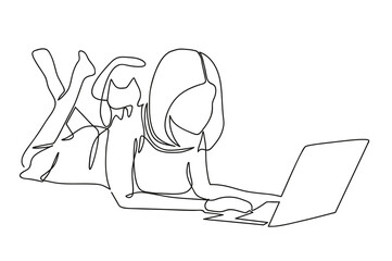 girl works on a laptop remotely, one line illustration
