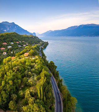 The SS45 road on the Garda Lake coast near Toscolano Maderno, Brescia Province, Lombardy, Italy.