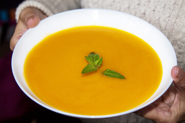 woman holding bowl of vegetable soup