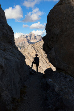 A hiker observes the Gran Vernel group in a small fork along the Bepi Zac High Trail, Costabella Ridge, Marmolada group, Dolomites, Moena, Fassa Valley, Trento province, Trentino-Alto Adige, Italy.
