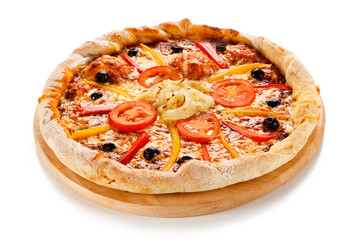 Pizza with tomatoes, pepper and olives on cutting board