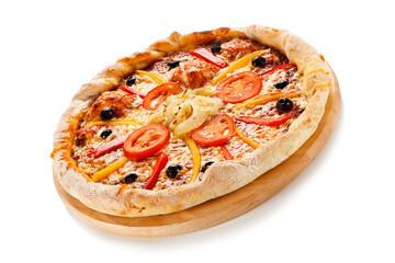 Pizza with tomatoes, pepper and olives on cutting board