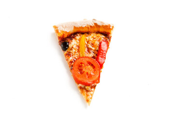 Slice of pizza with tomatoes, pepper and olives on cutting board