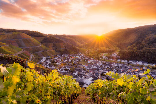 Weinberge vor kleiner Stadt bei Sonnenaufgang mit Sonnenstern und wolkigem Himmel an einem Herbsttag