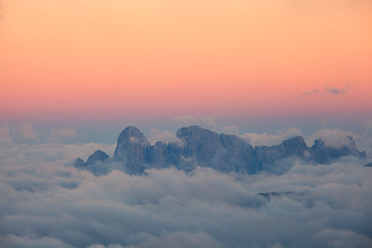 Dusk on the group of Agn&egrave;r, seen from Cima di Costabella, Pale di San Martino group, Dolomites, Belluno province, Veneto, Italy.