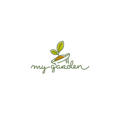 My Garden vector logo template with line art image of plant, pot and doodle calligraphy lettering composition
