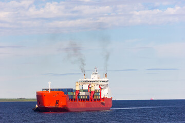 Big orange icebreaker ship in the water
