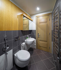 Sink, toilet, washing machine. Modern interior of bathroom.