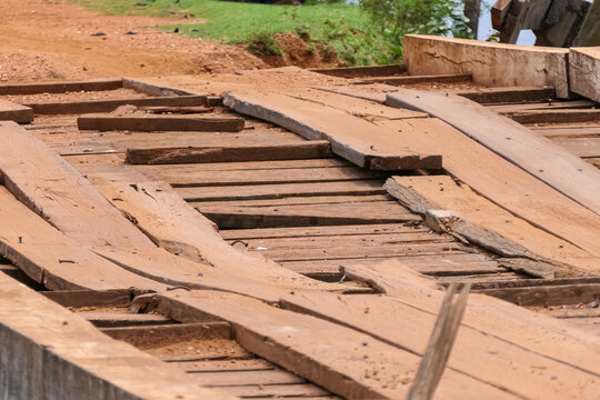 Ailing roadway of a typical wooden bridge of the Transpantaneira, Pantanal Wetlands, Mato Grosso, Brazil