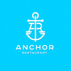 Obraz premium A and R monogram. Anchor restaurant logotype. Logo seafood, maritime emblem. Crossed letter A, letter R and anchor on a wave background.