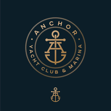 A monogram. Anchor logotype. Logo of yacht club, maritime emblem. Crossed letter A and anchor into rope circles.