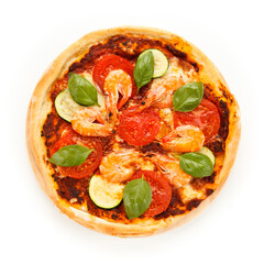 Pizza with shrimps on white background