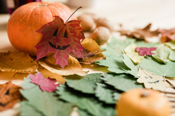 Dry colorful autumn foliage, big ripe pumpkin and drawn faces on leaves