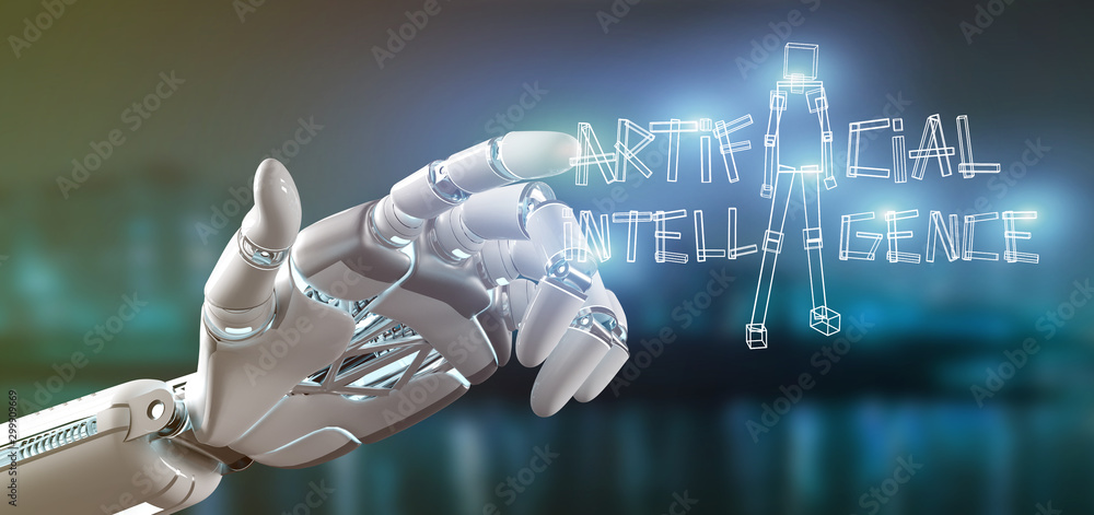 Poster cyborg hand holding a artificial inteligence robot made of light 3d rendering