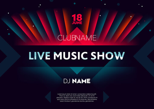 Horizontal Live Music Show Poster With Bright Color Graphic Elements, Dark Background And Text. 