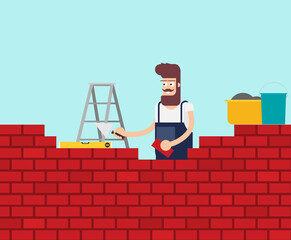 Flat young man bricks stacker with equipment makes wall.