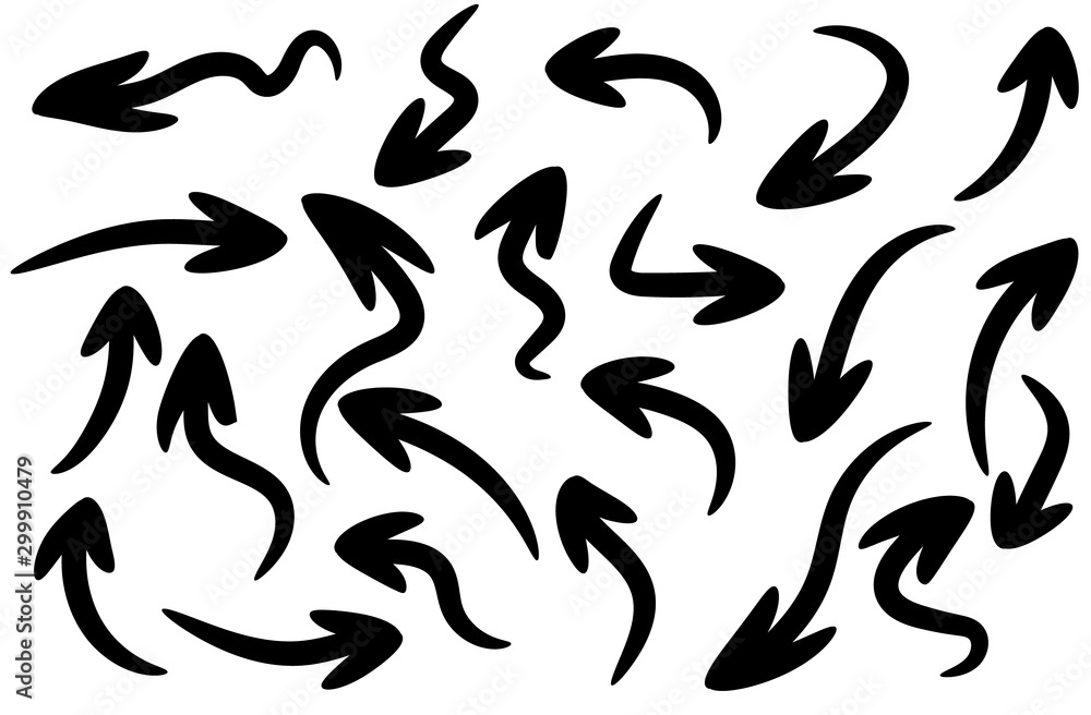Poster Handdrawn Set of Vector Arrows in Doodle Style Made With Brushes and Markers. Set of black vector arrows. Arrows icon. Arrow vector icon.