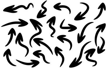 Handdrawn Set of Vector Arrows in Doodle Style Made With Brushes and Markers. Set of black vector arrows. Arrows icon. Arrow vector icon.