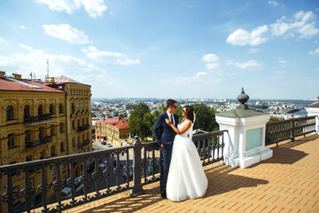 Obraz premium Bride and groom kisses tenderly in the shadow of a flying veil. A stylish bridegroom in a black suit gently embraces a beautiful bride in a white dress with a flying veil. Together. Wedding. Love.