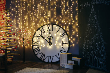 Christmas decor, gifts are near the fireplace wooden toys, New Year.