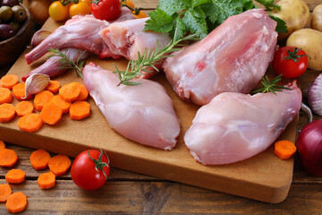 coniglio crudo intero e porzionato su tavolo di cucina