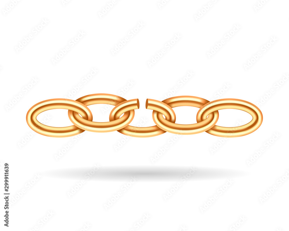 Poster realistic gold broken chain texture. yellow color demage chains link isolated on white background. t