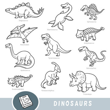 Black and white set of dinosaurs, collection of vector animals with names in English. Cartoon visual dictionary