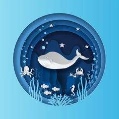 Rucksack World oceans day concept, many sea creatures underwater, help to protect animal and environment, paper art and craft style, flat-style vector illustration. © Sunset Paper's