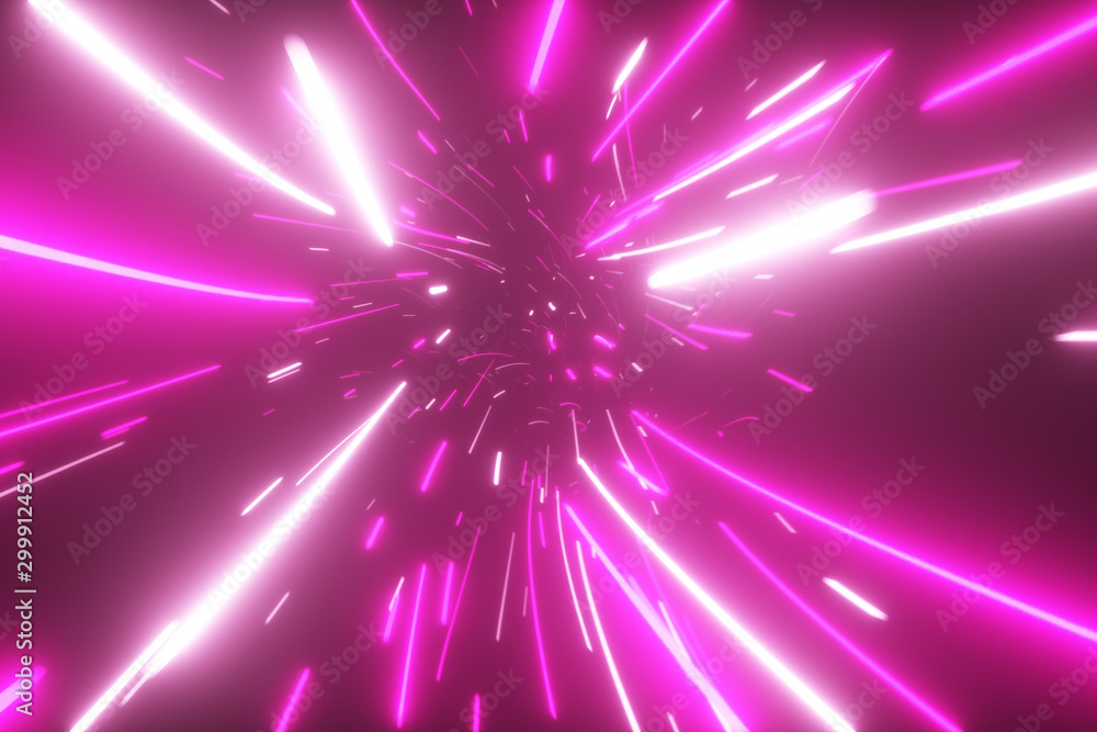 Poster flying in an abstract bright neon technology tunnel. modern light. hyper jump in data space. 3d illu