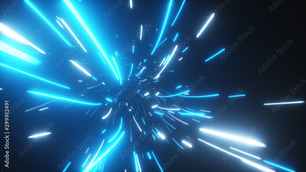 Poster flying in an abstract bright neon technology tunnel. modern light. hyper jump in data space. 3d illu