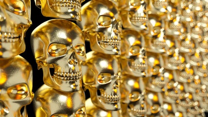 Wall of gold textured skulls. Horrible halloween concept. 3d illustration