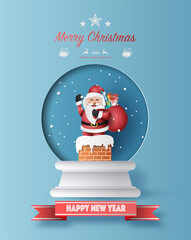 Paper art style of Santa Claus with a bag full of gifts in Christmas globe, Merry Christmas and Happy New Year concept.