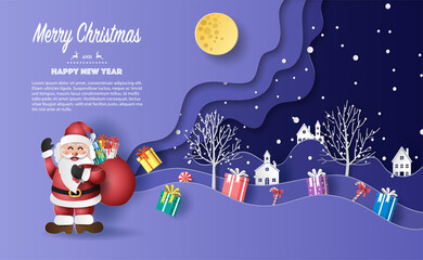 Paper art style of Santa Claus with a bag full of gifts, Merry Christmas and Happy New Year concept.