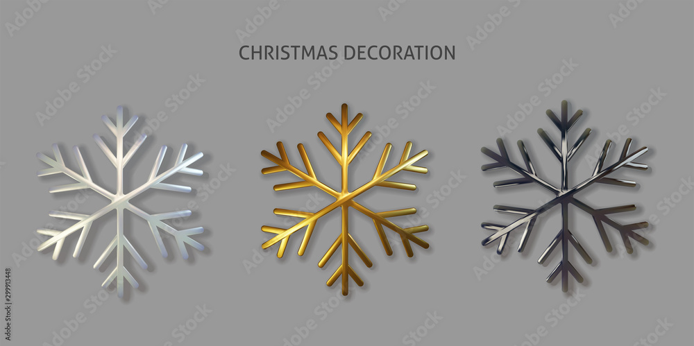 Poster set shimmering colorful snowflake. vector 3d illustration of glowing metallic snowflake shape isolat