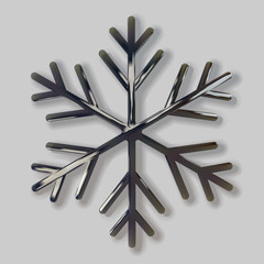 Glitter covered black snowflake. Realistic 3d illustration of shimmering metallic snowflake isolated on gray background. Greeting card, invitation happy New year