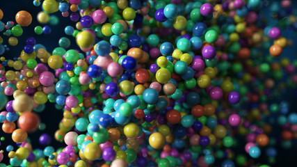 Abstract background on black isolated background with moving colorful multi-colored spheres. Ultra realistic 3d illustration geometric composition. Modern trendy postmodern design.