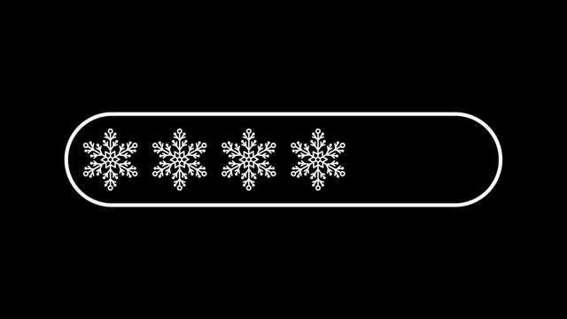 flat transparent white snowflakes as downloading bar progress indicator, loopable 4k stock video footage, motion graphic animation, design element on black alpha channel background