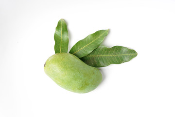 Mango fruit "Mangifera indica" with some leaf - isolated white background