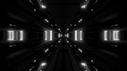 dark clean futuristic scifi space hangar tunnel corridor with cool reflecting lights 3d illustration background wallpaper design