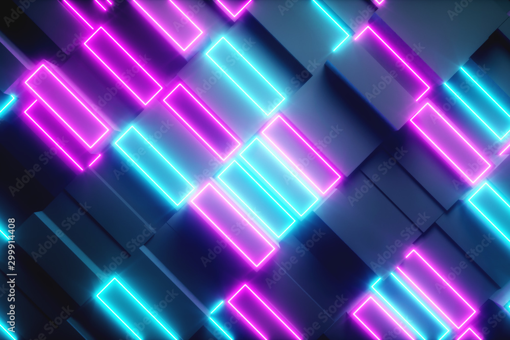 Poster bright abstract moving structure of rectangles with neon elements. bright light. modern orange blue 