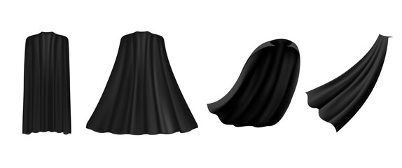 Superhero black cape in different positions, front, side and back view on white background. Costume party clothing, masquerade.