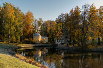 Pavilion called Cold Bath and Centaur bridge at the Pavlovsk Park territory in Pavlovsk, St Petersburg, Russia