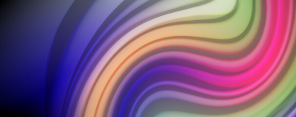 Obraz premium Modern rainbow liquid color flow colorful poster. Wave Liquid shape in black color background. Abstract composition